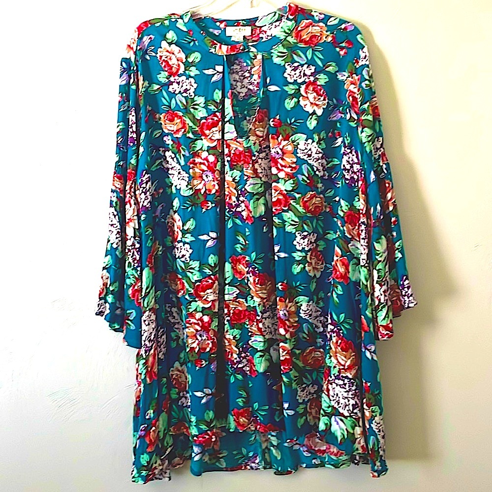 Umgee Boho Floral Teal Dress